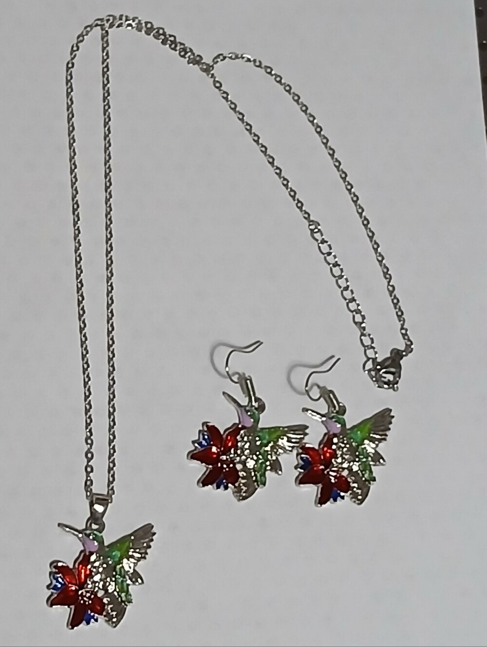 Hummingbird on a Flower Necklace Set With Matching Earrings